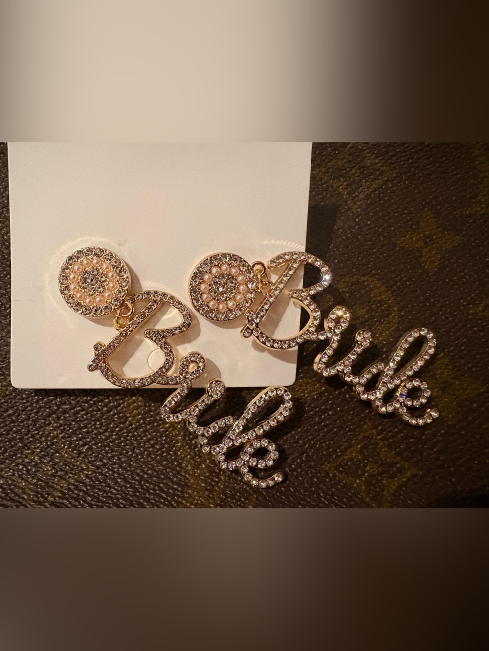 Gold Crystal 'Bride' Script Drop Earrings with crystal Accents
